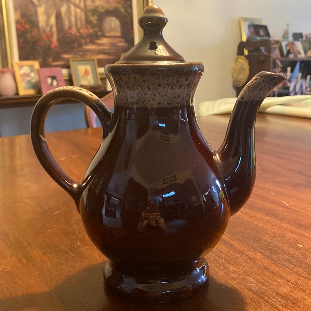 Vintage antique brown/tan pottery drip glazed pitcher with lid and handle rare